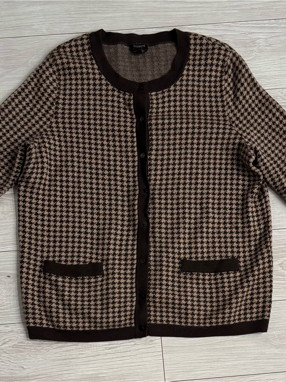 Talbots 3/4 Sleeve Brown and Tan Houndstooth Cardigan 2X